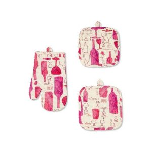 Coincasa Set Of 2 Pot Holders And Panama Kitchen Glove In Wine-Print Cotton  |  Kitchen Linen Kitchen Linen Kitchen Linen