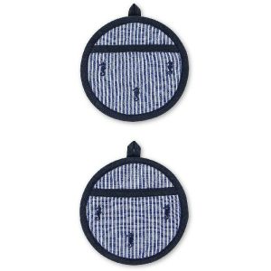 Coincasa Set Of 2 Round Pot Holders With Seahorse Embroidery  |  Kitchen Linen Kitchen Linen Blue