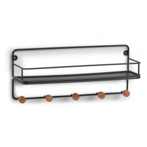 Zeller Wall Shelf W. Hooks, Metal/Wood, Black  |  Clothes Hangers Clothes Hangers Black